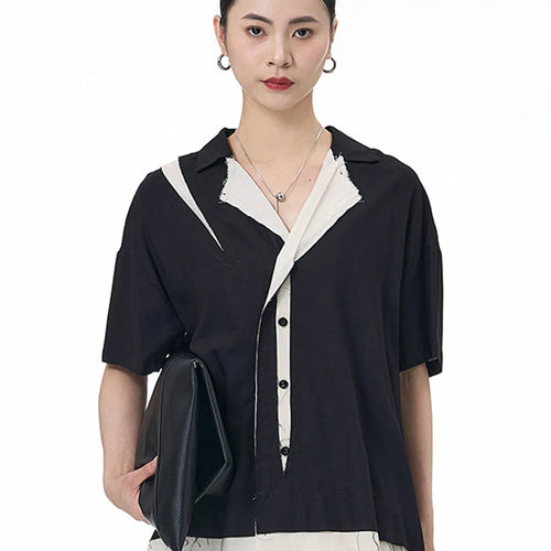 Load image into Gallery viewer, Women Black Color-block Burr Big Size Blouse New V-neck Short Sleeve Shirt Fashion Tide Spring Summer 2025 1DJ1493
