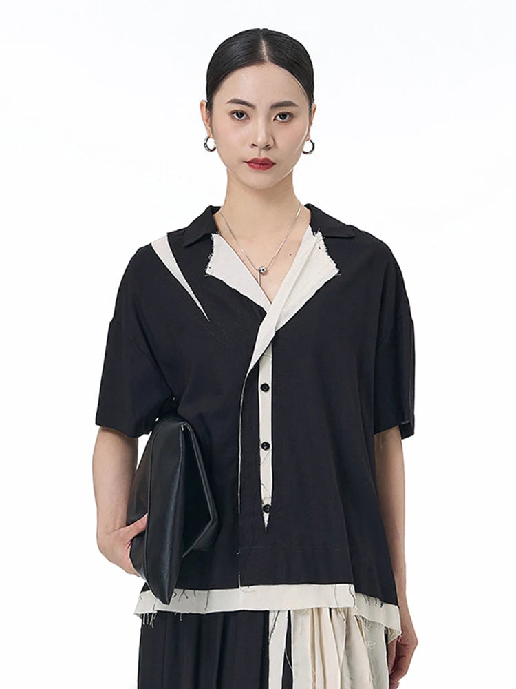 Women Black Color-block Burr Big Size Blouse New V-neck Short Sleeve Shirt Fashion Tide Spring Summer 2025 1DJ1493