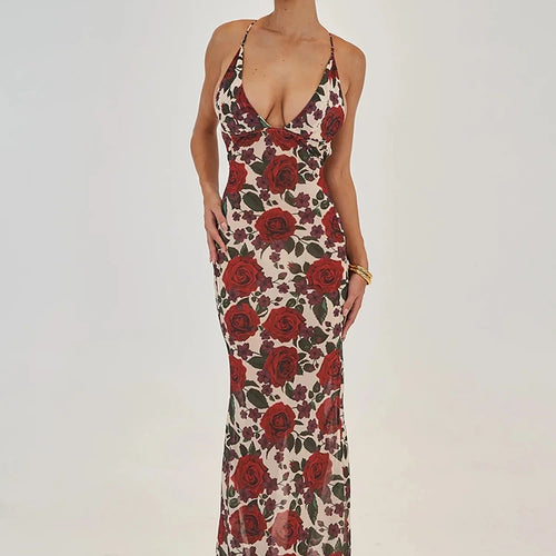 Load image into Gallery viewer, Spaghetti Strap Backless Print Dress For Women Fashion Deep V Neck Sleeveless Lace Up Bodycon Printed Sexy Long Dress
