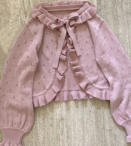 Japanese Kawaii Lolita Cardigan Women Vintage Lantern Sleeve Thin Ruffle Sweater Coat Knitted Kardigany Girls Cute Tops