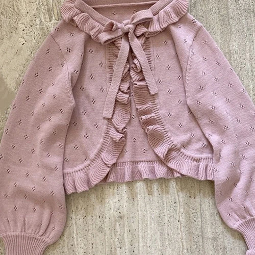 Load image into Gallery viewer, Japanese Kawaii Lolita Cardigan Women Vintage Lantern Sleeve Thin Ruffle Sweater Coat Knitted Kardigany Girls Cute Tops
