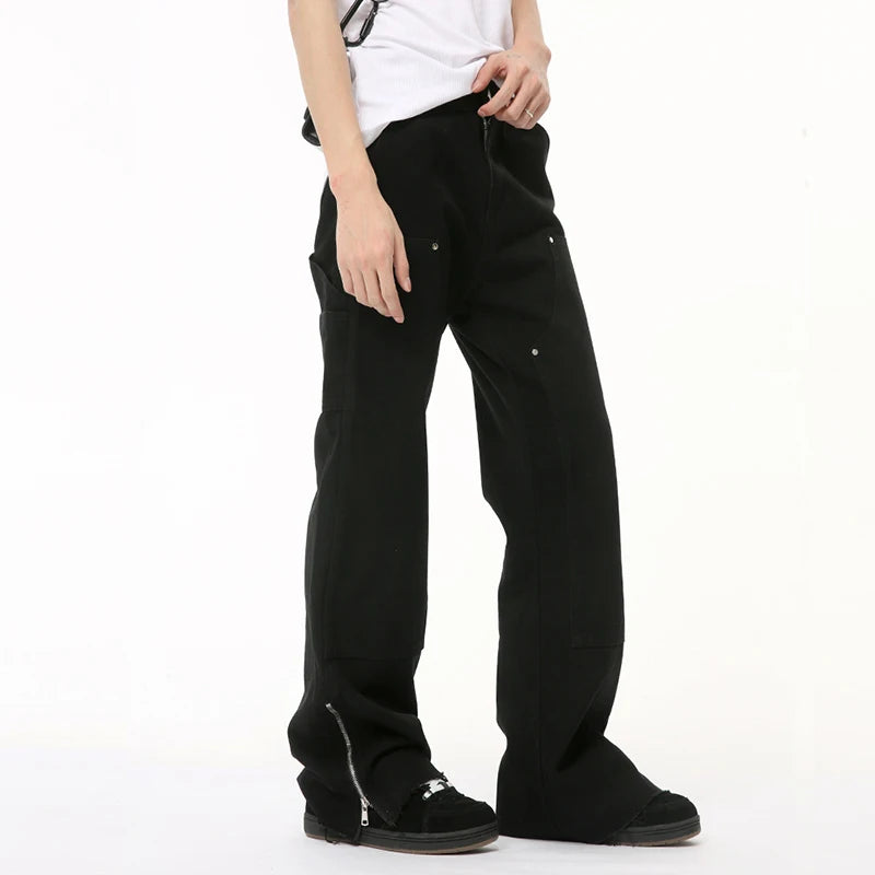 High Street Men's Jeans Side Zippers Metal Design Pockets Denim Pants Casual Wide Leg Loose Male Bottom Fashion 9C6503