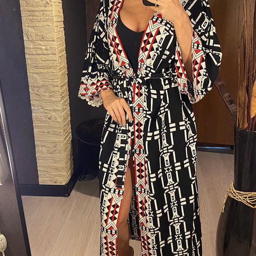 Load image into Gallery viewer, New Printed With Belt Long Sleeve Tunic Beach Cover Up Cover-ups Beach Dress Beach Wear Beachwear Long Dress Female Women V4470
