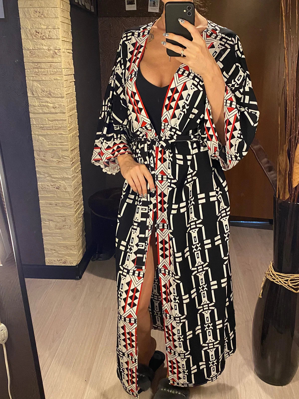 New Printed With Belt Long Sleeve Tunic Beach Cover Up Cover-ups Beach Dress Beach Wear Beachwear Long Dress Female Women V4470