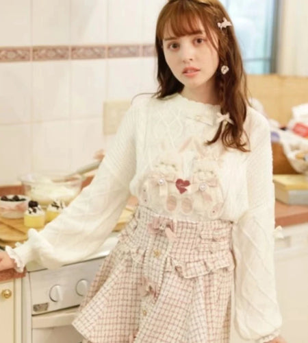 Japanese Rabbit Cartoon Embroidery Kawaii Cute Sweater Women Preppy Style Bow Knitted Jumper Fairy Twist Csual Loose Pullover