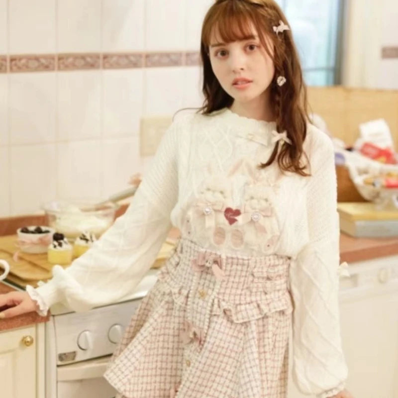 Japanese Rabbit Cartoon Embroidery Kawaii Cute Sweater Women Preppy Style Bow Knitted Jumper Fairy Twist Csual Loose Pullover