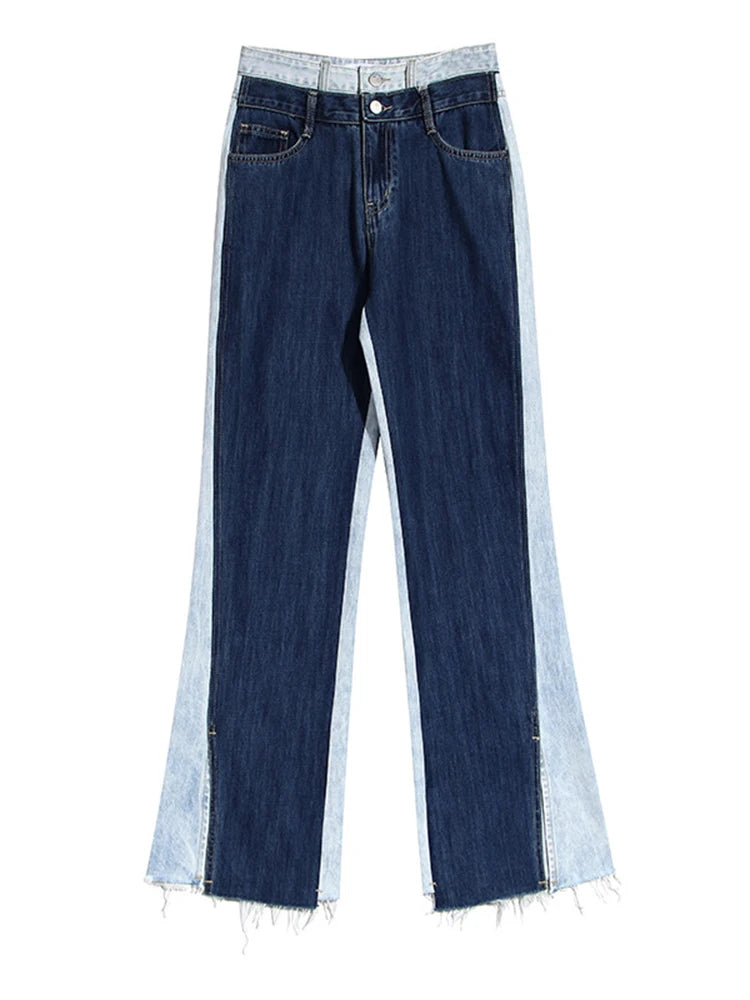 Blue Contrast Color Split Joint Long Wide Leg Jeans New High Waist Loose Women Trousers Fashion Spring Autumn 2025 1T276