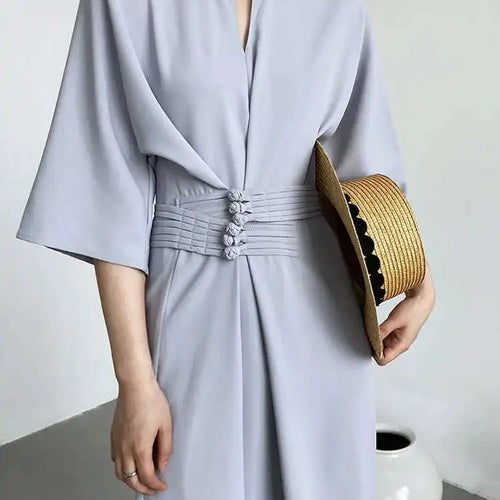 Load image into Gallery viewer, Women Black Buckle Long Elegant Dress New Round Neck Three-quarter Sleeve Loose Fit Fashion Spring Autumn 2025 1DE7880
