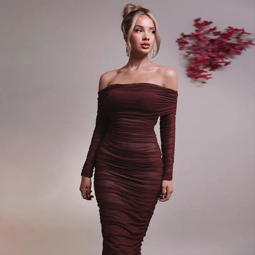 Load image into Gallery viewer, Off-shoulder Long Sleeve Sexy Maxi Dress For Women Autumn New Strapless Backless Bodycon Ruched Party Long Dress
