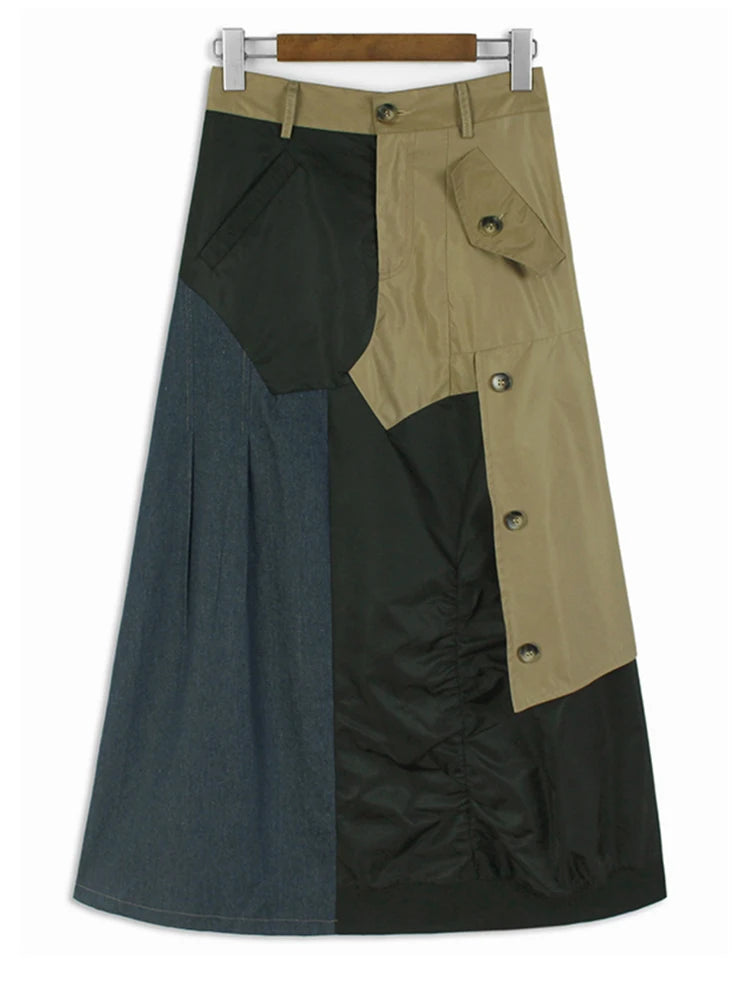 High Elastic Waist Black Green Color-block Long Casual Half-body Skirt Women Fashion Tide New Spring Autumn 2025 1DH8087