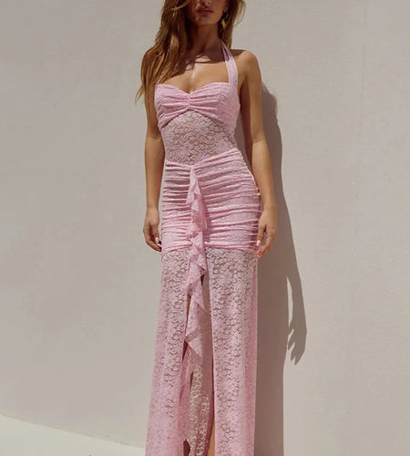 Lace Draped Ruched Sexy Maxi Dress Women Summer Patchwork Halter Sleeveless Backless Bodycon Club Long Dress Elegant