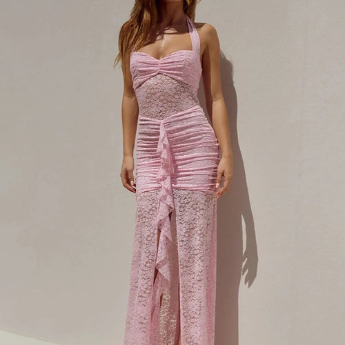 Load image into Gallery viewer, Lace Draped Ruched Sexy Maxi Dress Women Summer Patchwork Halter Sleeveless Backless Bodycon Club Long Dress Elegant
