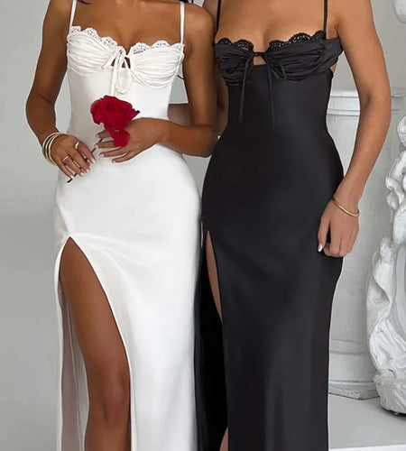 Sexy V-neck Strap High Split Satin Dress For Women Bodycon Lace Up Vesidos 2023 Autumn Slim Party Evening Dress Female