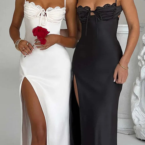 Load image into Gallery viewer, Sexy V-neck Strap High Split Satin Dress For Women Bodycon Lace Up Vesidos 2023 Autumn Slim Party Evening Dress Female
