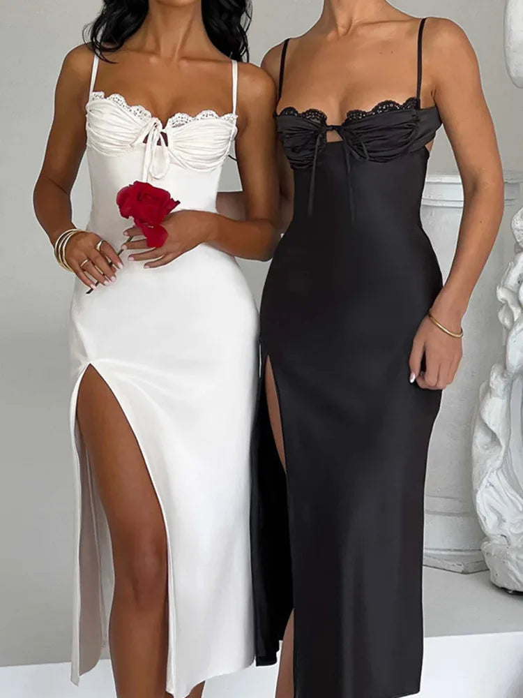 Sexy V-neck Strap High Split Satin Dress For Women Bodycon Lace Up Vesidos 2023 Autumn Slim Party Evening Dress Female