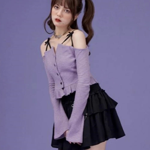 Load image into Gallery viewer, Slash Neck Y2k Aesthetic Embroidery Tshirts Purple Sweet Ruffled Women Slim Cropped Tees Vintage Harajuku Flare Sleeve T-shirt
