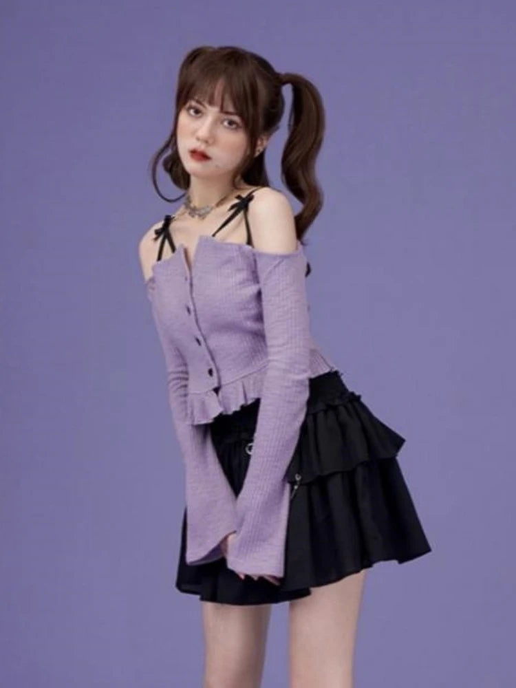 Slash Neck Y2k Aesthetic Embroidery Tshirts Purple Sweet Ruffled Women Slim Cropped Tees Vintage Harajuku Flare Sleeve T-shirt