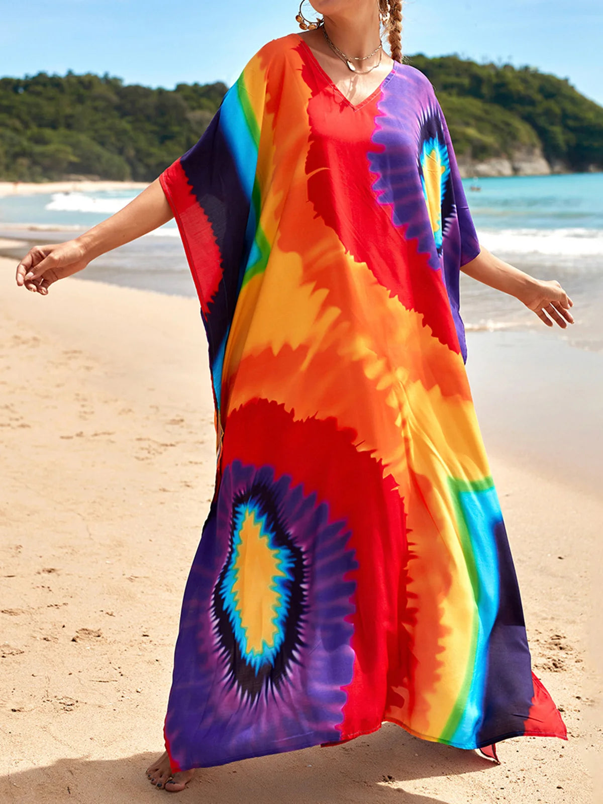 Colorful Kaftan Tunic Beach Cover Up Cover-ups Beach Dress Beach Wear Beachwear Loose Maxi Dress Female Women V4428