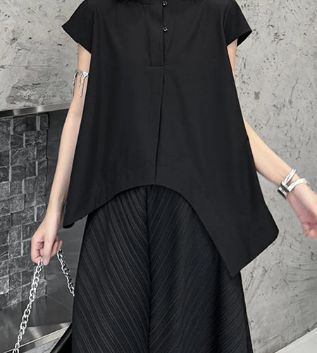 Women Black Irregular Hem Big Size Elegant Blouse New Stand Collar Sleeveless Shirt Fashion Spring Summer 2025 1DJ1465
