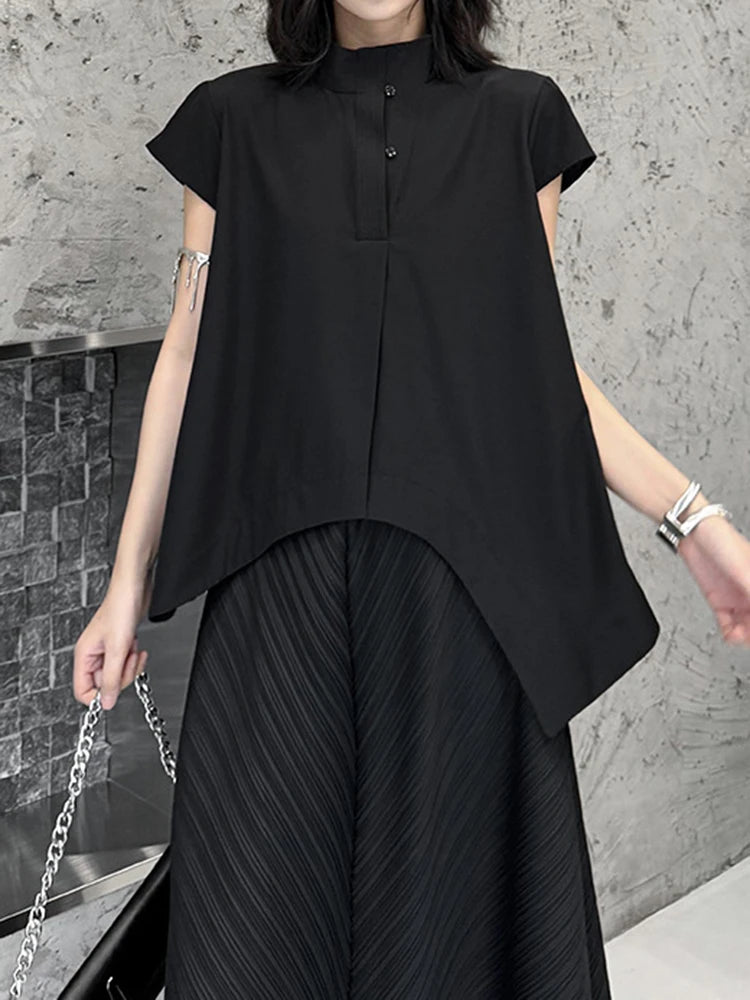 Women Black Irregular Hem Big Size Elegant Blouse New Stand Collar Sleeveless Shirt Fashion Spring Summer 2025 1DJ1465