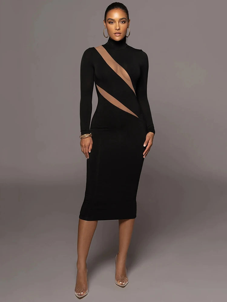 Elegant Long Sleeve Bodycon Sexy Maxi Dress For Women Autumn Winter Fashion Half High Collar Club Party Sexy Long Dress