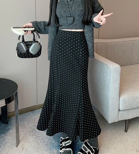 Autumn Winter 2024 Women Black Dot High Waist Woolen Long Skirts For Women Retro Grey Elegant Versatile Wrap Hip Fishtail Skirt