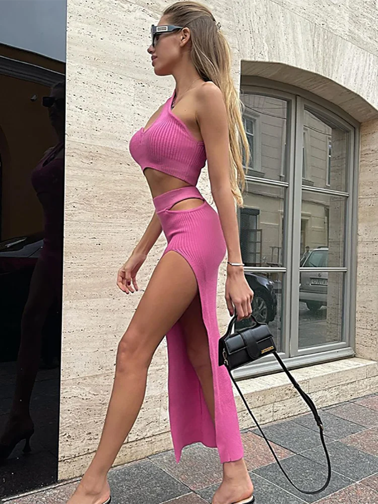 Sexy Hollow Out One Shoulder Women Two Piece Sets Black Backless Tops High Slit Skirts Female Summer Skinny Fashion Set