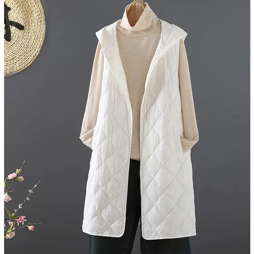 Load image into Gallery viewer, Winter Down Cotton Vest Women Sleeveless Jacket Vintage Warm Casual Mid Length Coat Ladies Single Breast Long Hooded Waistcoat
