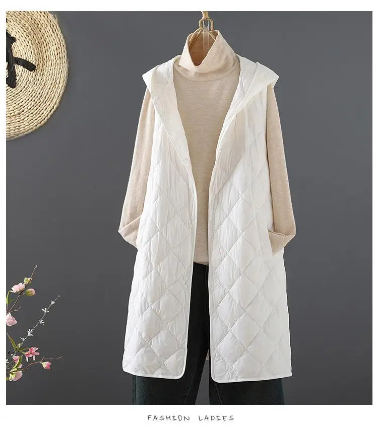 Winter Down Cotton Vest Women Sleeveless Jacket Vintage Warm Casual Mid Length Coat Ladies Single Breast Long Hooded Waistcoat