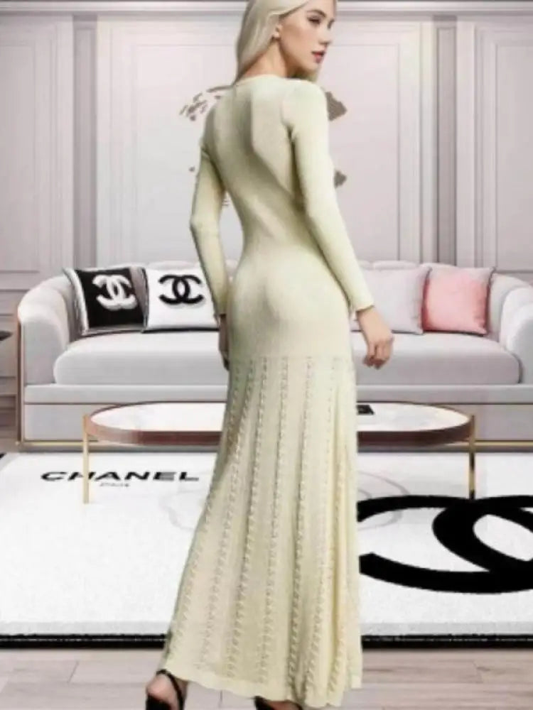 Korean Autumn Winter Black Beige Elegant Single Breasted Dress Women Red Long Sleeves 2024 Knitted Split Dress Popular Trend New