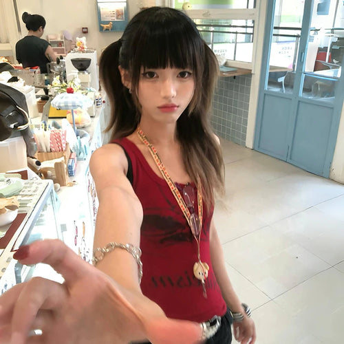 Load image into Gallery viewer, Japanese Y2k Letter Print Tank Top Trashy 2000s Style Red Tanktop Vintage Harajuku Sleeveless Crop Top American Retro

