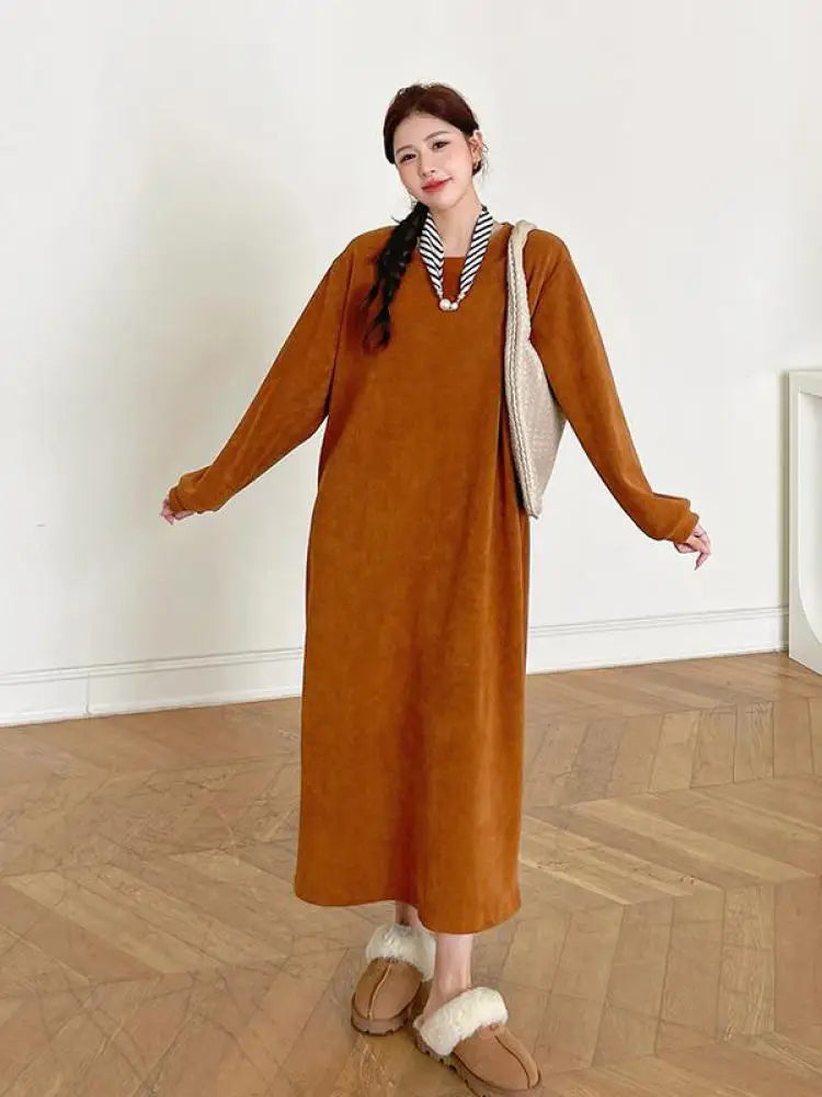 Autumn Winter Round Neck Vacation Knit Dress Korean Fashion Women's Loose Long Sleeved Sweatshirt Dress Ladies Casual Simplicity