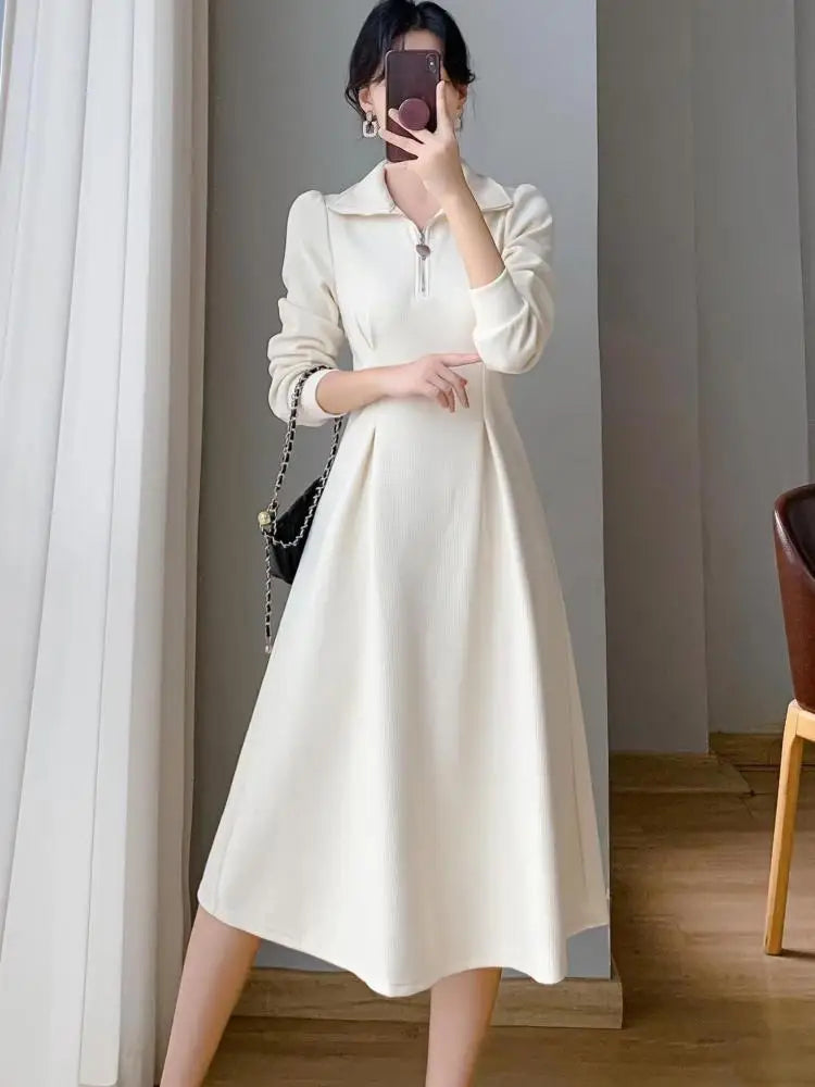 Autumn Winter French Ladies Black Elegant Long Dress White Velvet Thick Warm Long Sleeve Simple Evening Party Zipper Dress