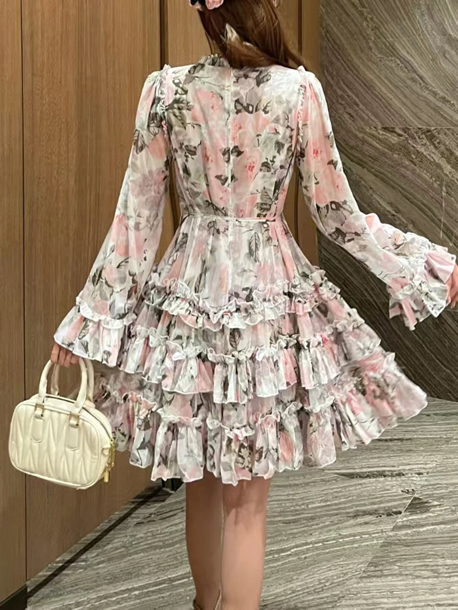 Hit Color Spliced Lace Up Slimming Dresses For Womne O Neck Long Sleeve High Waist Temperament Dress Female Fashion