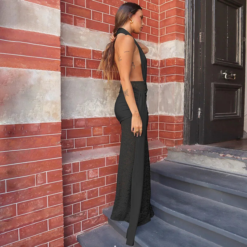 Halter Deep V Neck Sexy Maxi Dress For Women Elegant Fashion Lace Sleeveless Backless Ruched Bodycon Club Long Dress