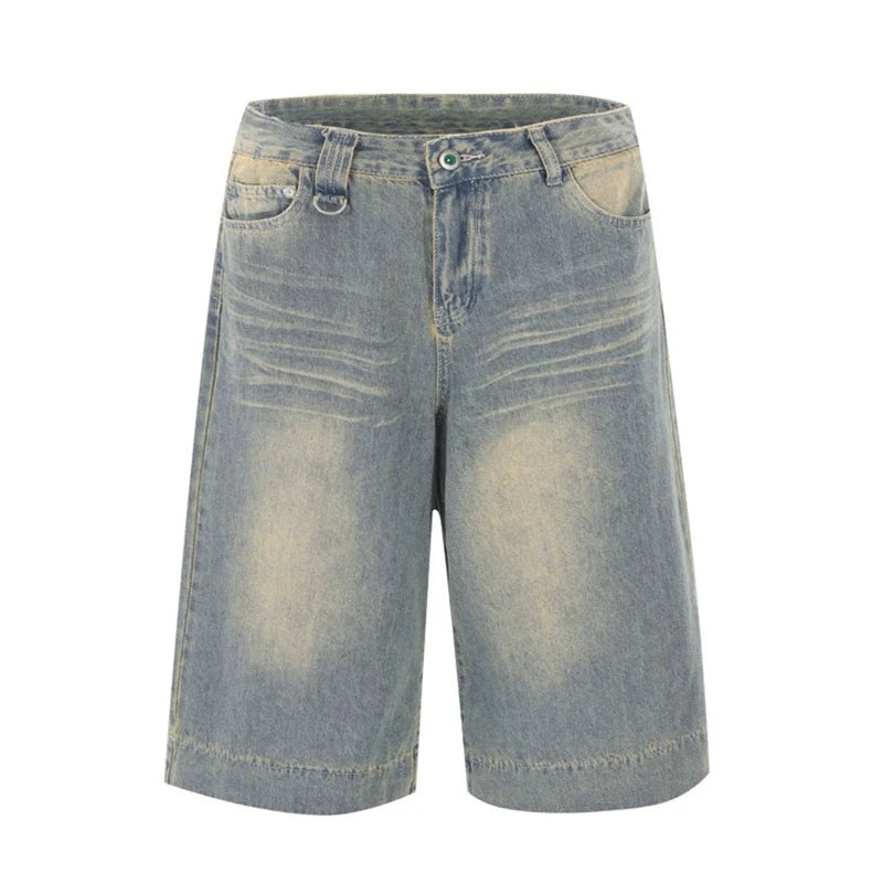 Male Denim Shorts American Wide Leg Cropped Jeans Summer Trend Trousers Loose Slim Washed Straight Pants 9W1461