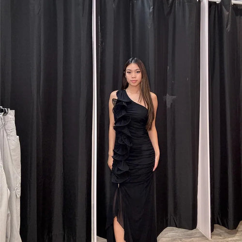 Load image into Gallery viewer, One Shoulder Draped Ruffle Maxi Dress Women Gown Fashion Diagonal Collar Backless Sleeveless Split Long Dress Elegant
