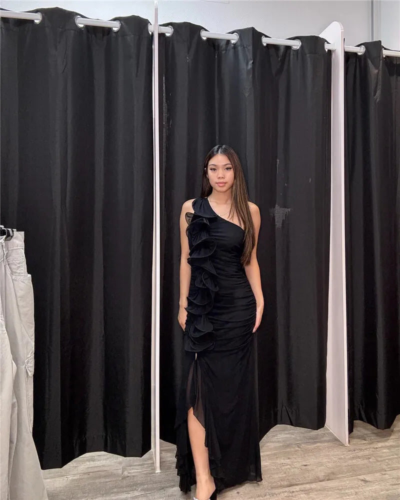 One Shoulder Draped Ruffle Maxi Dress Women Gown Fashion Diagonal Collar Backless Sleeveless Split Long Dress Elegant