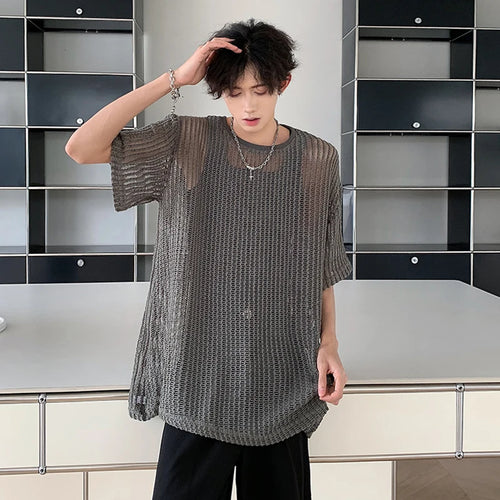 Load image into Gallery viewer, Men&#39;s Knitted T-shirt Short Sleeve Breathable Mesh Round Collar Stylish Solid Color Loose Top Summer Trend 9C5770
