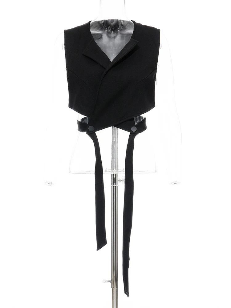 Women Black Bandage Vest Two Piece Blouse New Lapel Long Sleeve Loose Fit Shirt Fashion Tide Spring Autumn 2025 JR675