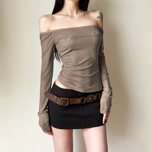 Load image into Gallery viewer, Vintage Slash Neck Diamond Letter Tshirts Streetwear Gauze Slim Fairy Tees Women Y2k Aesthetic Irregular Grunge T-shirts Sexy
