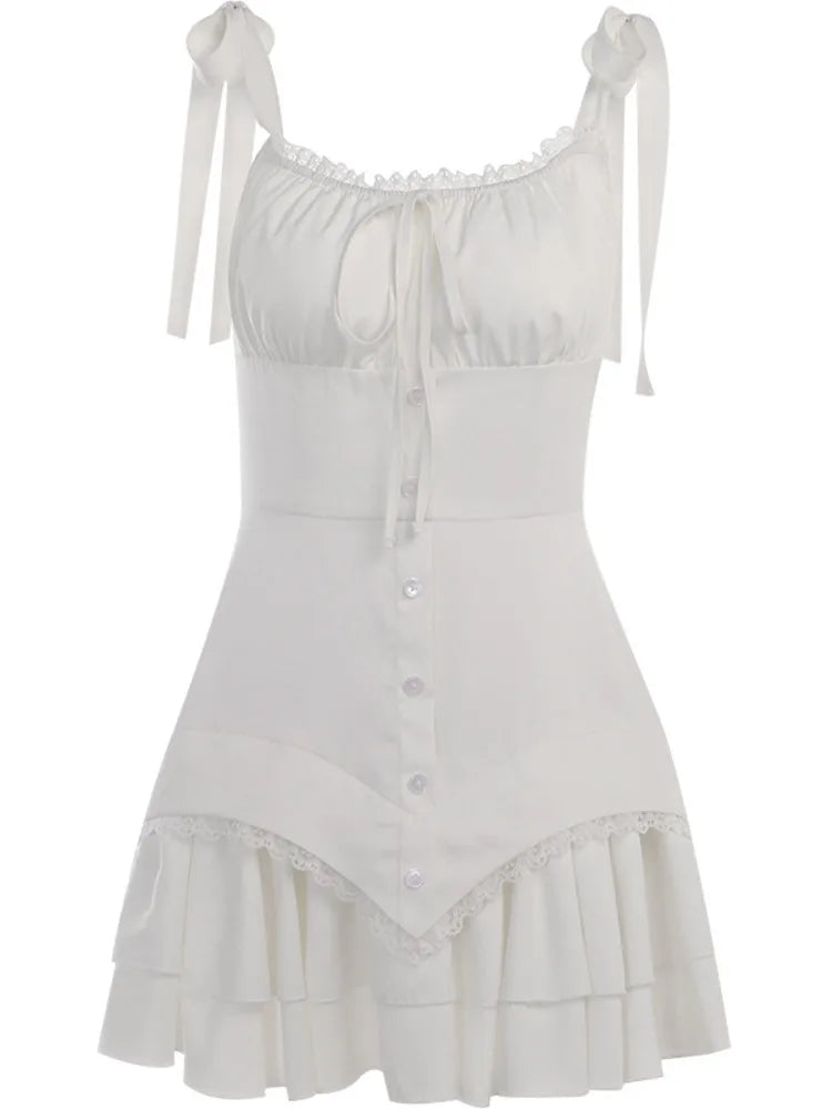 Elegant Sleeveless Ruffle Edge Slim Dresst Women Tie Ruffle Edge Sexy Short Skirt Fashion Street Party Club Clothing