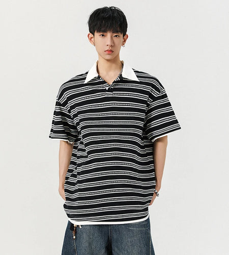 Men's Short Sleeve T-shirts New Summer Korean Contrast Color Striped  Fake Two-Piece Tide Lapel Pullover Male Tees 9W1944