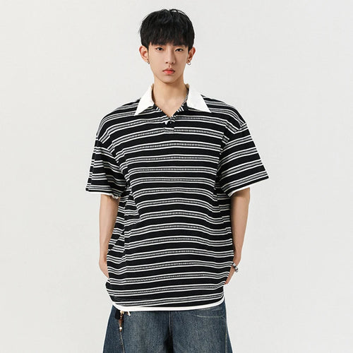 Load image into Gallery viewer, Men's Short Sleeve T-shirts New Summer Korean Contrast Color Striped  Fake Two-Piece Tide Lapel Pullover Male Tees 9W1944
