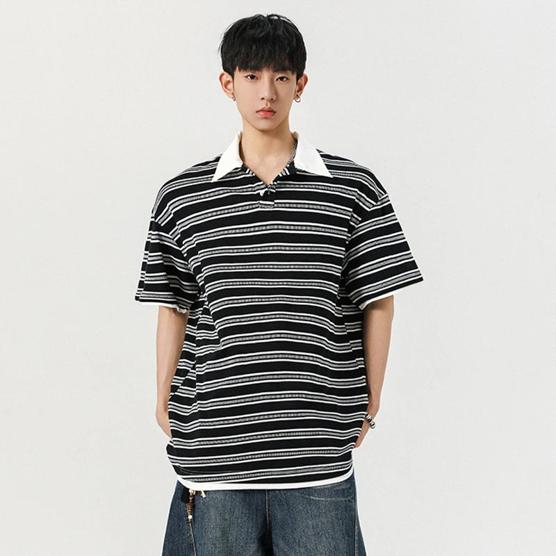 Men's Short Sleeve T-shirts New Summer Korean Contrast Color Striped  Fake Two-Piece Tide Lapel Pullover Male Tees 9W1944