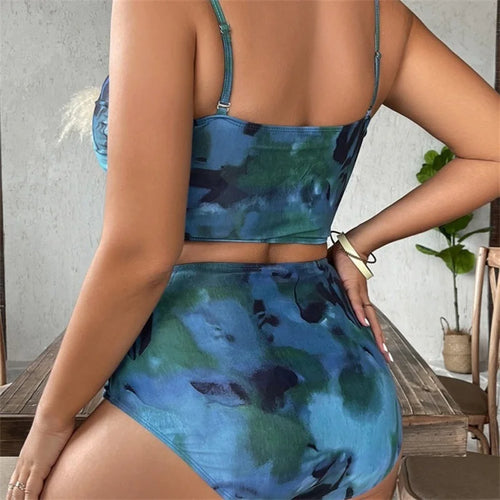 Load image into Gallery viewer, XL-3XL Sexy Tie Dye Bandeau Three Pieces Swimsuit with Skirt 2024 High Waist Swimwear Women Biquini Beachwear
