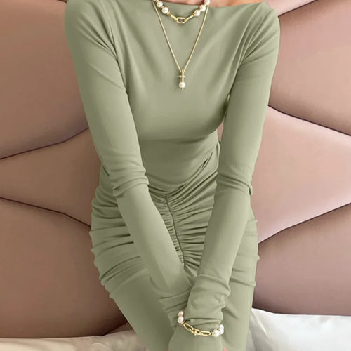 Load image into Gallery viewer, Long Sleeve Ruched Sexy Maxi Dress For Women Fashion Light Green O Neck Bodycon Elegant Club Party Long Dress Vestidos

