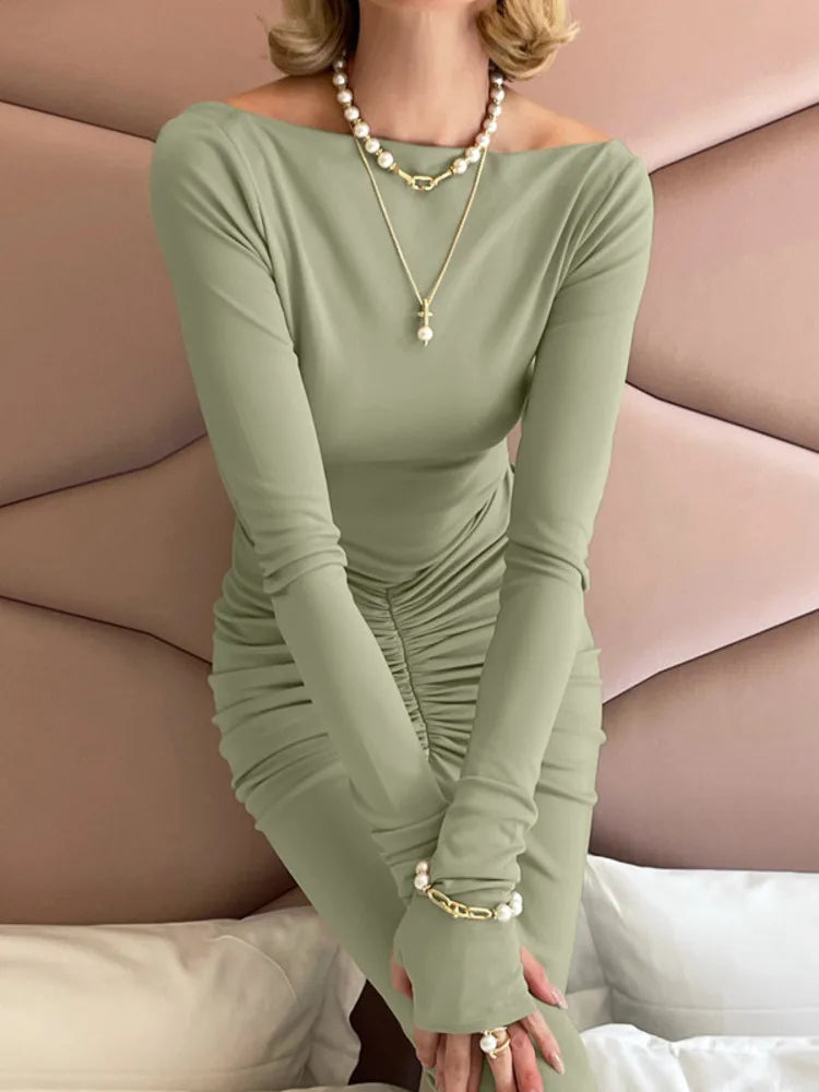 Long Sleeve Ruched Sexy Maxi Dress For Women Fashion Light Green O Neck Bodycon Elegant Club Party Long Dress Vestidos