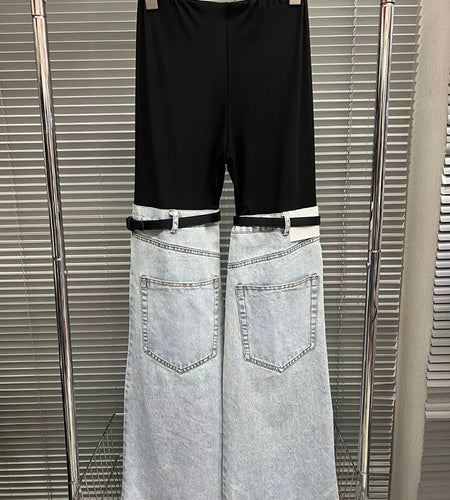 Hit Color Patchwork Denim Wide Leg Pants For Women High Waist Casual Loose Jeans Female Fashion Clothing Autumn