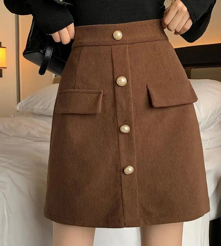 Autumn Winter New Black Pink Corduroy High Waisted Mini Skirt Women Korean Fashion Brown Large Size Short Skirt Simplicity Trend